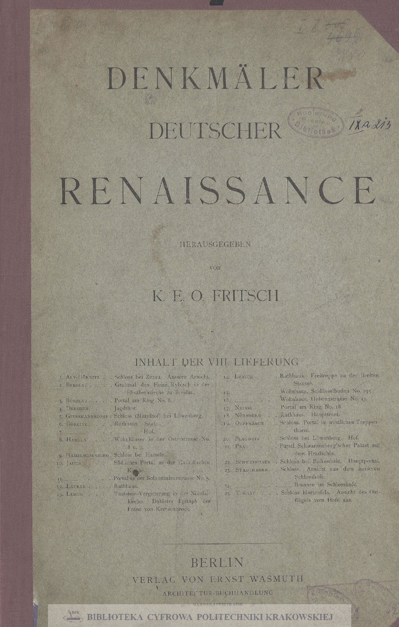 Denkmäler deutscher Renaissance. Lfg. 8